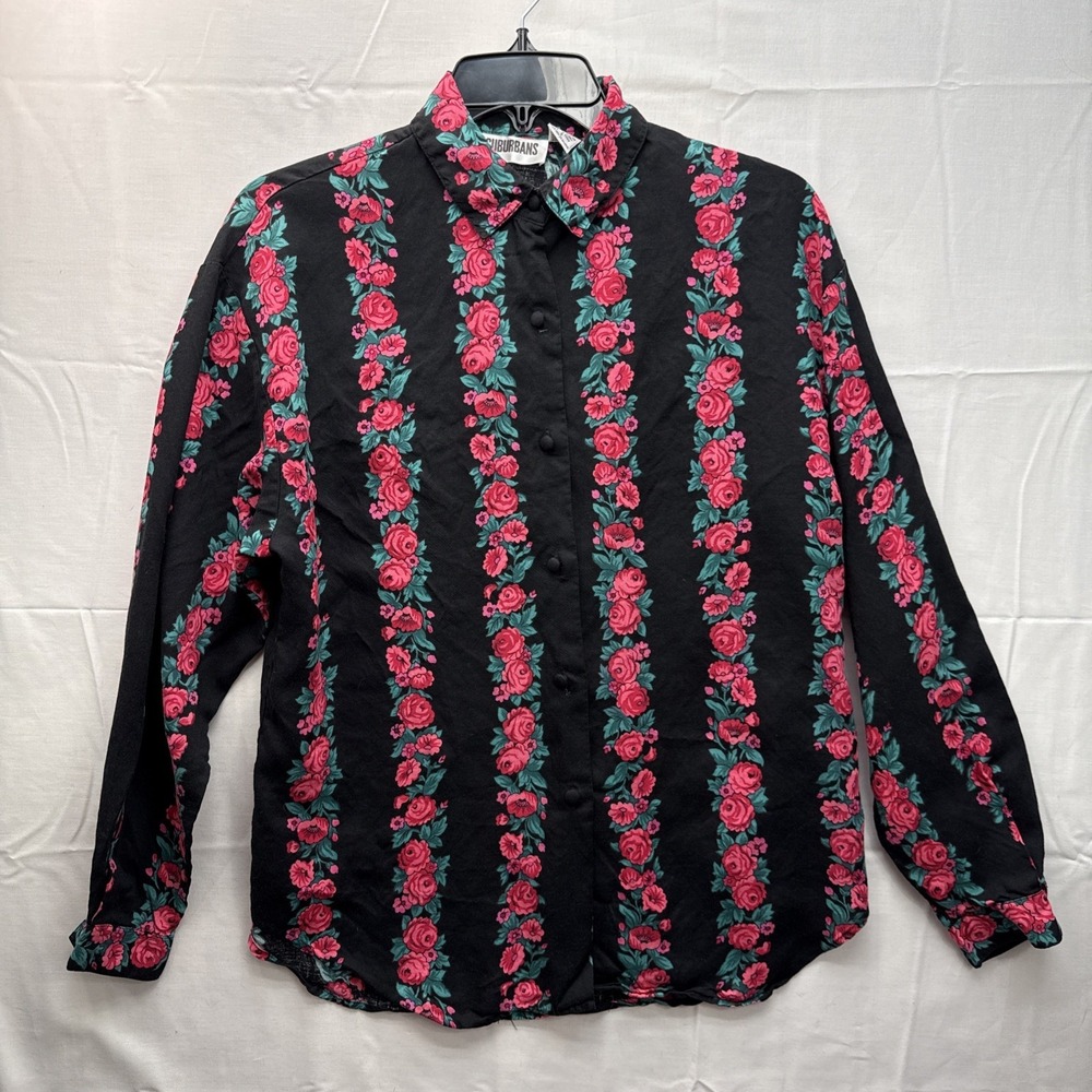 Vintage Suburban‎ Rayon Black Floral Print Artsy Button Down Blouse Small Goth